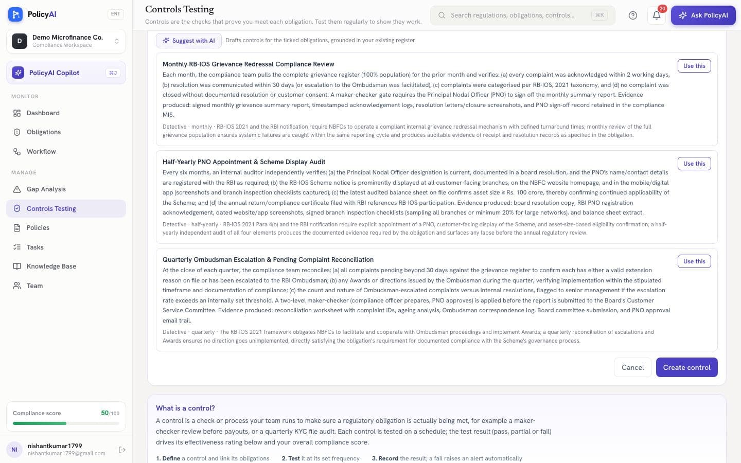 AI-suggested controls for selected obligations