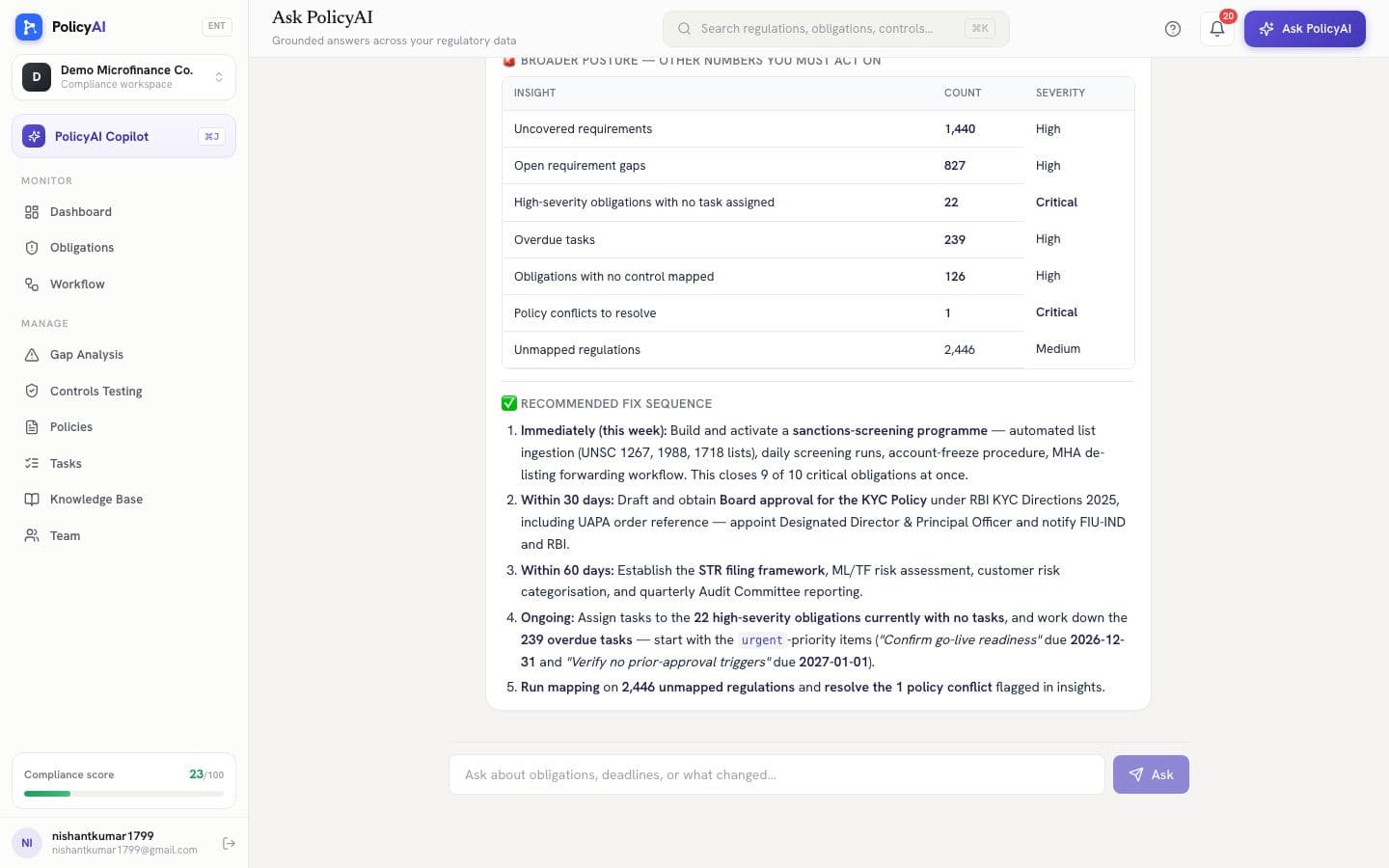 Ask PolicyAI copilot with a cited answer