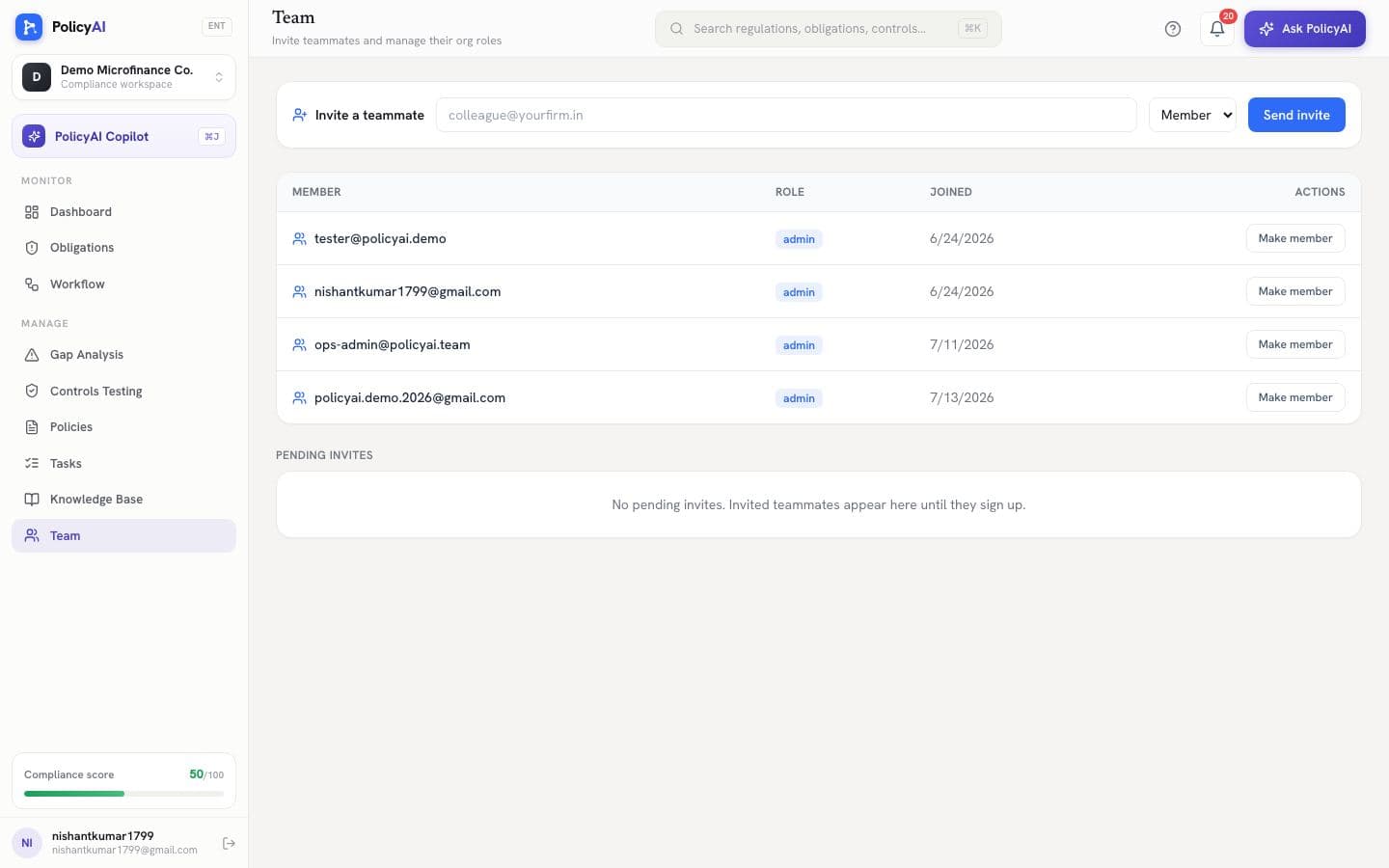 Team management page
